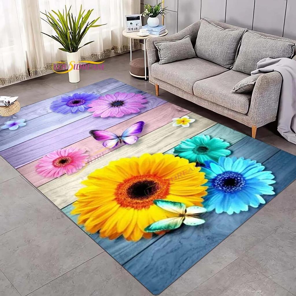 Koberec 3D Daisy Flowers Butterflies Velkoplošné koberce Barevný Butterfly Sunflower Koberec do obývacího pokoje Ložnice Herna Domácí dekorace