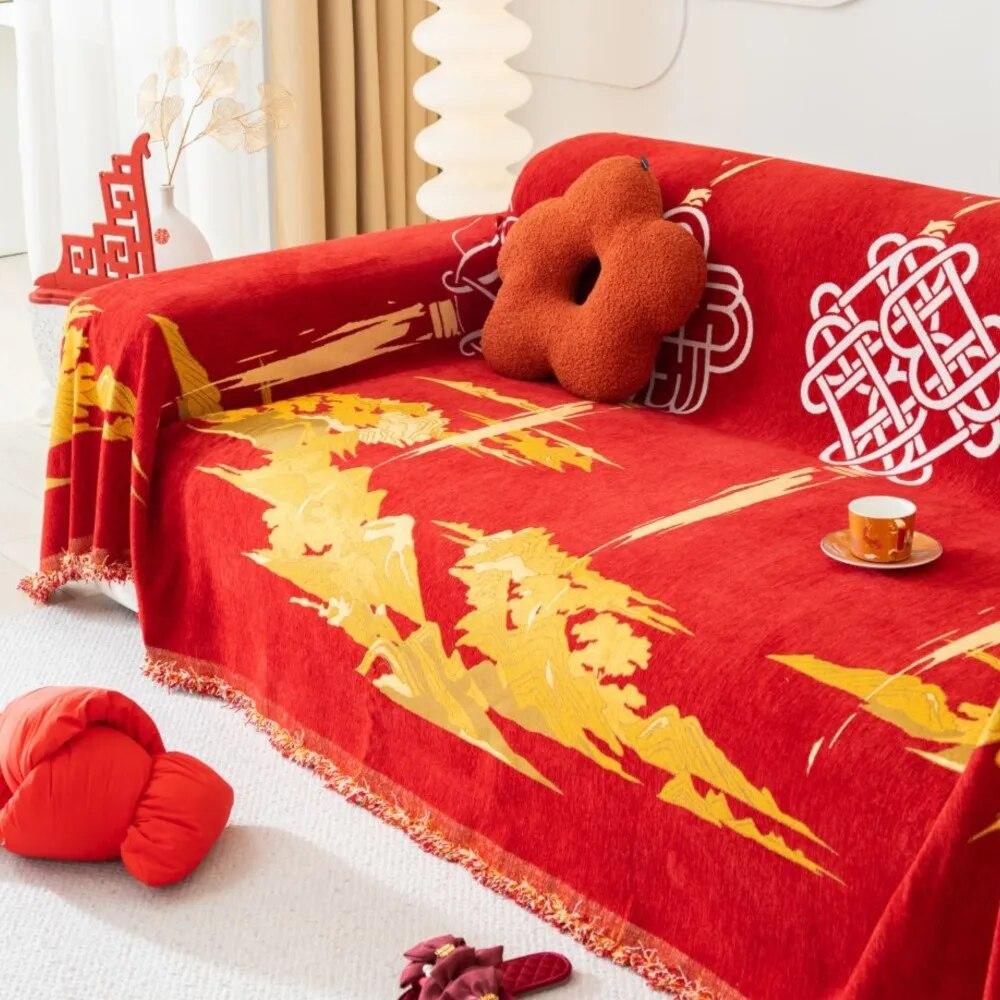 Chinese New Year Red Sofa Cover Towel  New Sofa Cushion Lazy One Piece of Four Seasons Universal Chenille Blanket Carpet