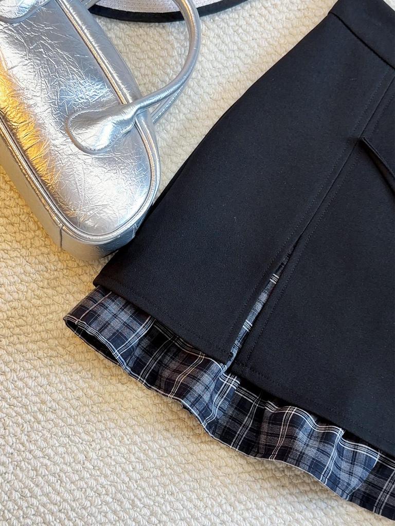 Elegant Grey Plaid Patchwork A-Line Mini Skirt for Women - High-Waisted Spring 2026 Fashion