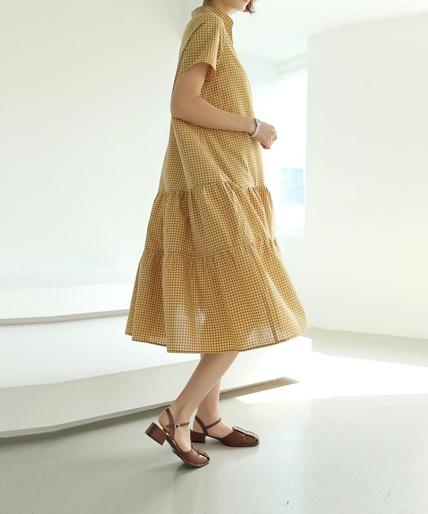 Ppaeppae Waffle Half-Open Check Long Dress
