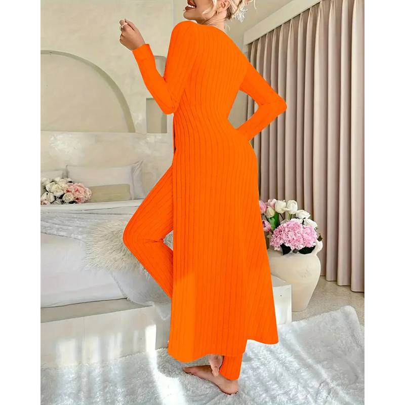 Herfst Winter Huis Casual Damespak Modieus Effen Kleur Ronde Kraag Super Lange Split Top Slimme Broek Tweedelig Pak