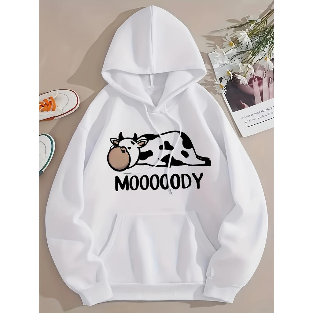 Womens' Funny Cow Hoodie Hip Hop Sports Streetwear Moooooody Punny Lazy Cow Cartoon Graphic Casual Fleece Pullover Tops