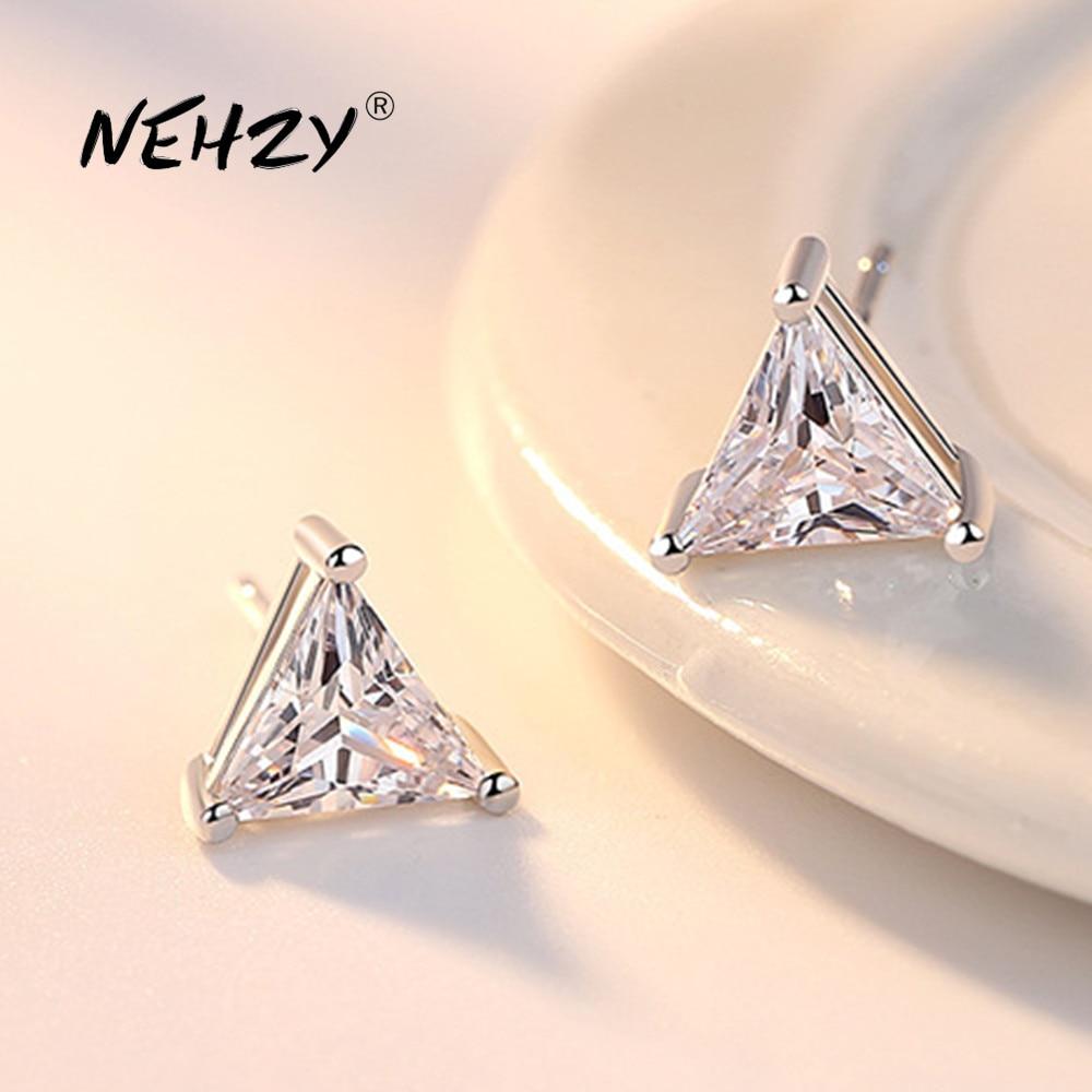 925 Sterling Silver Stud Earrings High Quality Woman Fashion Jewelry Retro Simple Triangle Crystal Zircon Earrings