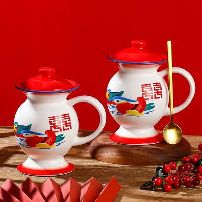Taza Cerámica Forma Escupidera Taza de Agua Impresión Animal Decoración en Esmalte Retro Divertida Personalizada Personalizado Rojo Azul Estilo Chino