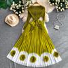 Elegant V-neck Long Sleeve Pleated Dress for Women Orange Red Pearl Trim Belted Waist 3D Flower Hem Midi Dresses Women