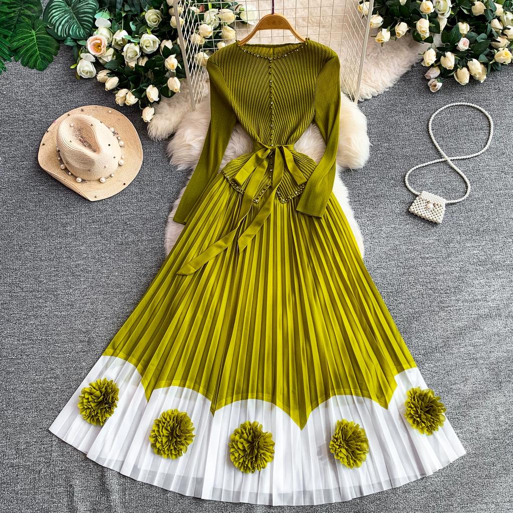 Elegant V-neck Long Sleeve Pleated Dress for Women Orange Red Pearl Trim Belted Waist 3D Flower Hem Midi Dresses Women
