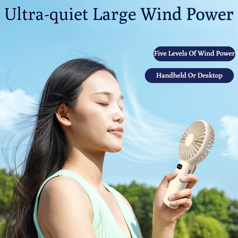 Upgrade New Rechargeable USB Handheld Fan - Mini with Strong Airflow & Phone Holder for Home, Office & Dorm Use