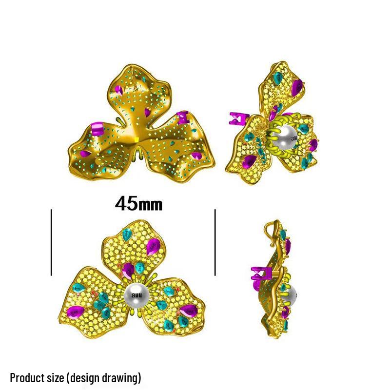 Gradient Blue Trefoil Brooch: Copper, Gold-Plated, Zircon & Pearl Corsage Pin