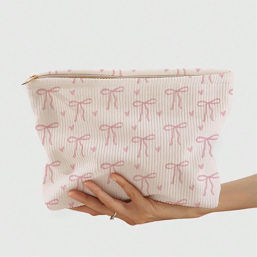 Minimally Designed Pink Bow Pattern Printed Corduroy Zipper Makeup Bag, Lightweight and Multifunctional Cosmetic Storage Bag