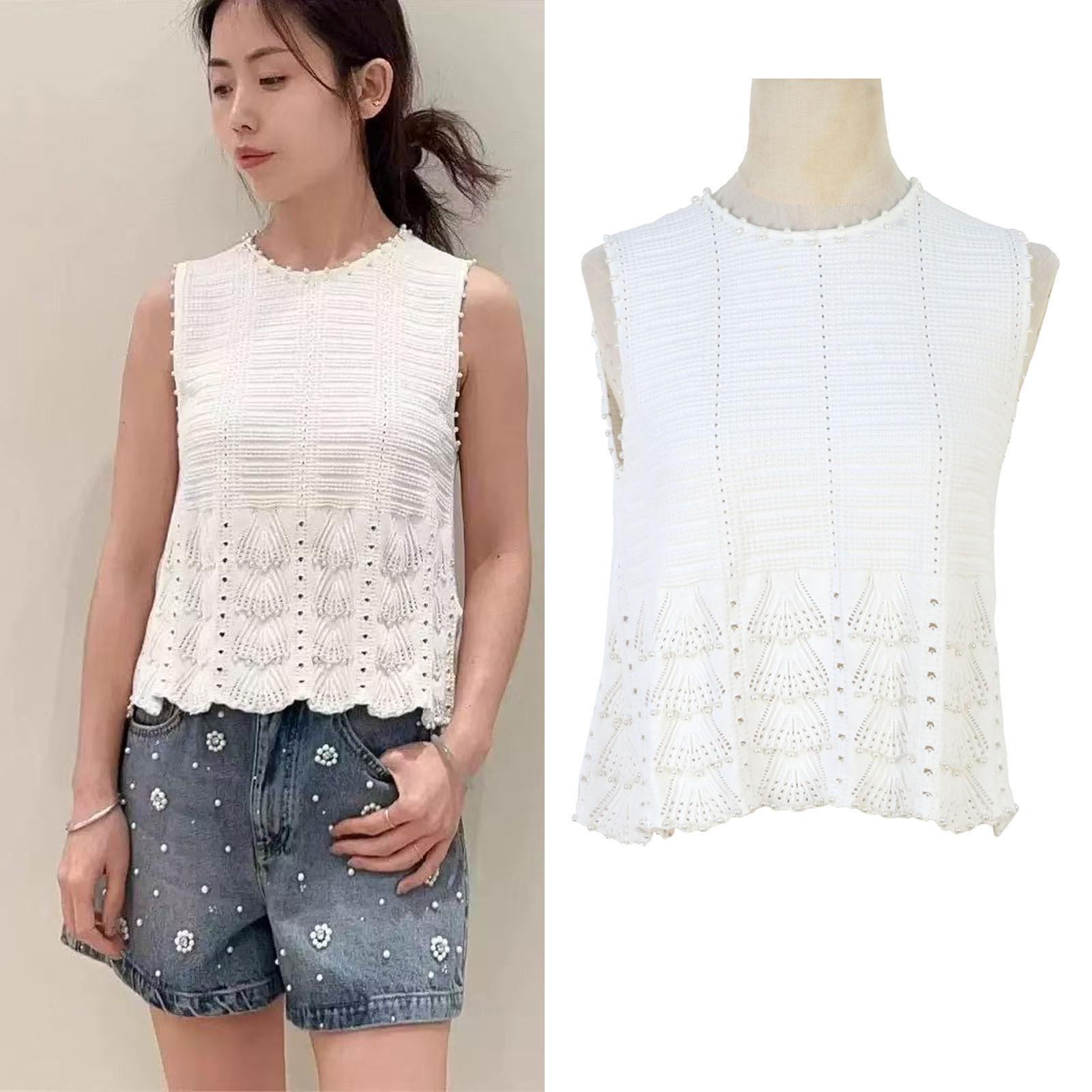 

Women s Spring/Summer French-Style Pearl Button Sleeveless Knitted Top Small