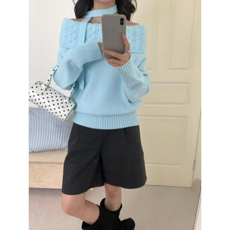 

Реальное фото свитер с открытыми плечами и лентами на шее, вязаный, новый, простой пуловер, мягкий, женский average size светло-синий