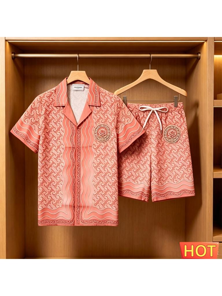 Gradient Pattern Shirt and Shorts Set Summer Men’s Hawaiian Vacation Shirt Set Breathable Men’s Casual Two-Piece Set