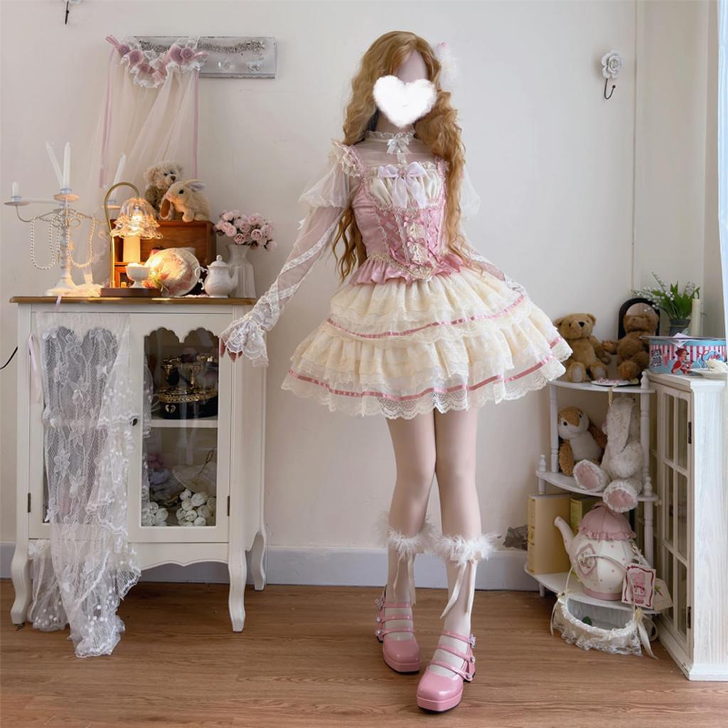 Toku and Yu Camisole Mini Gothic Lolita Ribbon Tiered Lolita Jumper Mori Sickly Perfect for Tea School and Events Skirt, Girls' Skirt, Palace-Style,
