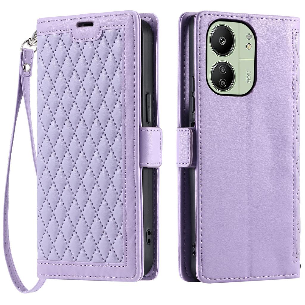 Leather Case For Xiaomi Redmi 13C 5G/4G/13R 5G/Poco C65 4G Rhombus Texture Wallet Stand Phone Cover with Wrist Strap