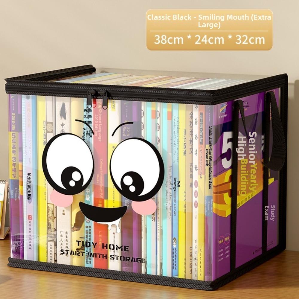 Große quadratische Buchaufbewahrungstasche PVC Transparenter Deckel Design Aufbewahrungsbox Reißverschluss Fröhliches Gesichtsmuster Organizer-Behälter Heimorganisation