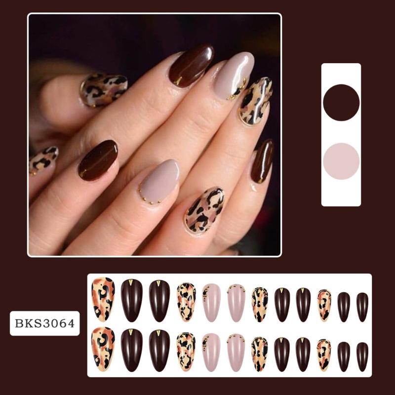 24Pcs Leopard Print Press On Nail Short Almond False Nail Glossy Artificial Nail Full Cover Stick Onsfor Women and Girls