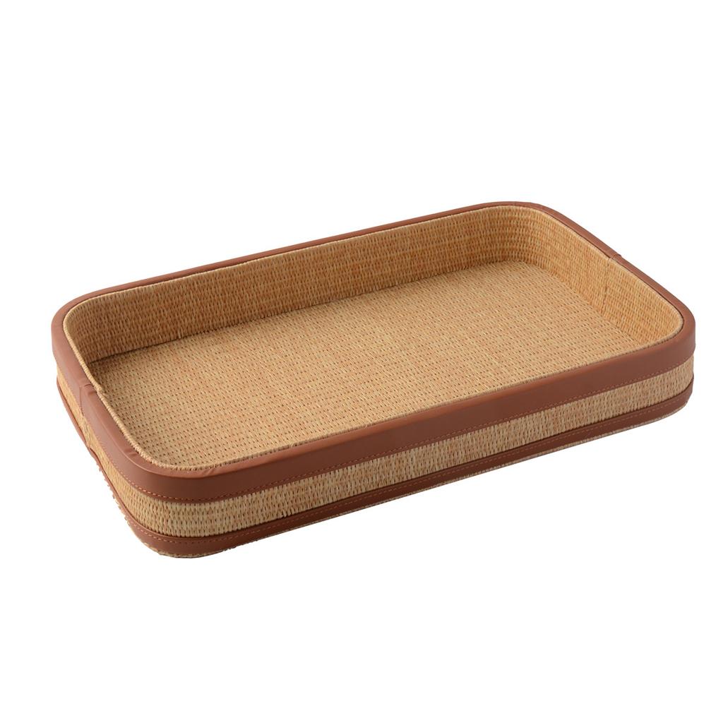 French Retro Style Woven Leather Tissue Box, Natural Seagrass & Wood Home Decor, Living Room Bedside Tabletop Napkin Holder