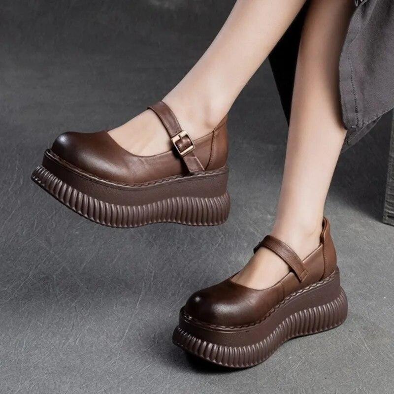 Johnature Scarpe Mary Janes Scarpe con plateau piatte in vera pelle Sandali con altezza della suola spessa con fibbia