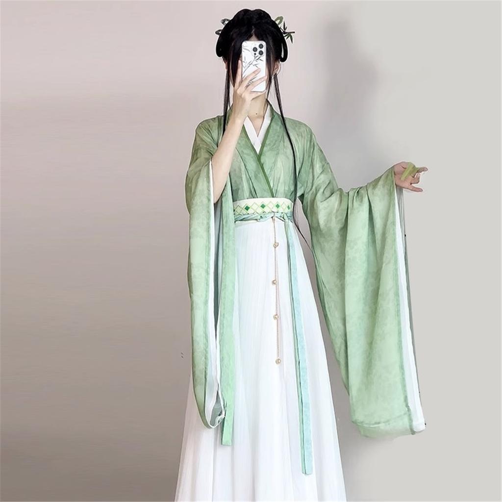 Damen Original Chinesisches Wei Jin Nördliche & Südliche Dynastien Hanfu Set, Kreuzkragen Weite Ärmel Ruqun Po Rock Für den täglichen Gebrauch