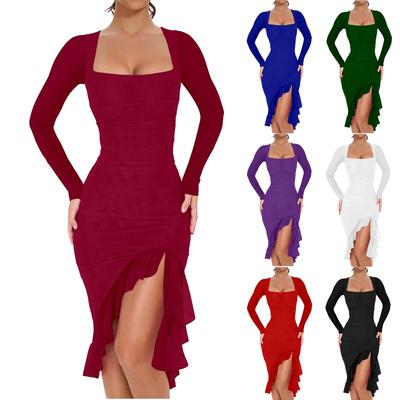 Damenmode Sexy Plissee-Bodykleid Elegantes Mesh Langarm Quadratischer Ausschnitt Rüschen Cocktailkleid