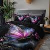 3pcs Butterfly Floral Bedding Set - Elegant Purple Pink Black Golden Duvet Cover Set with Zipper Closure, All-Season