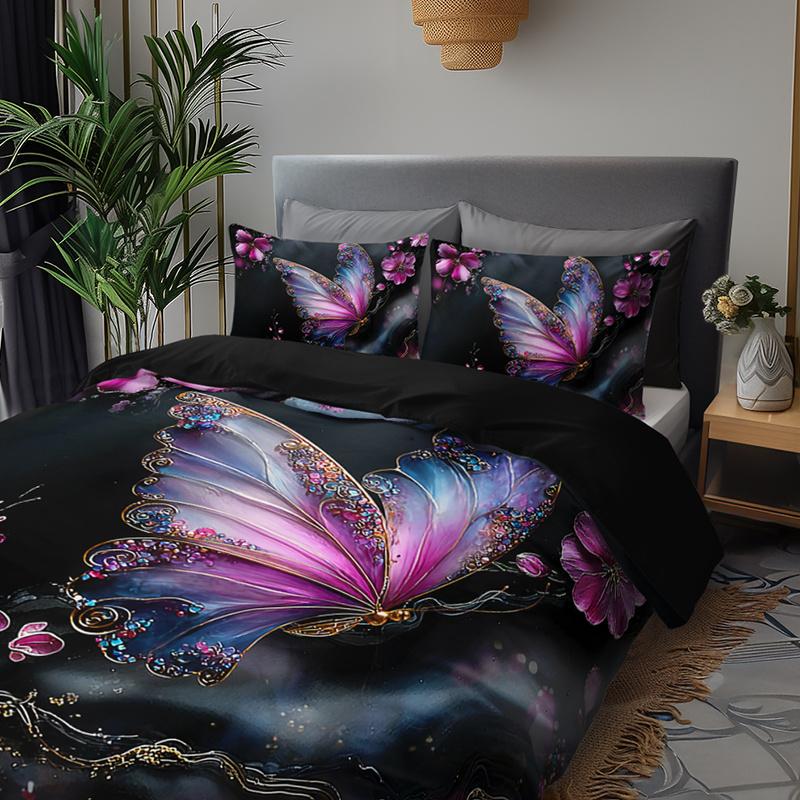 3pcs Butterfly Floral Bedding Set - Elegant Purple Pink Black Golden Duvet Cover Set with Zipper Closure, All-Season