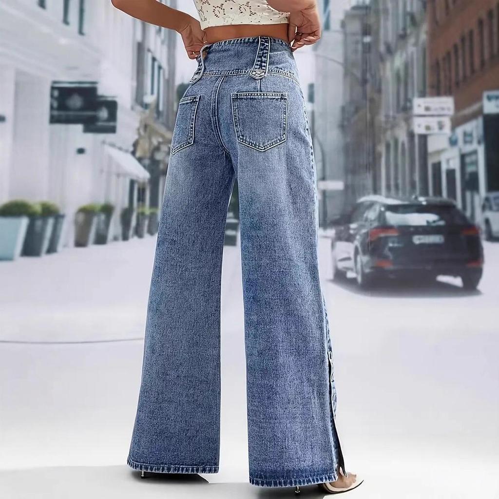 2026 Spring/Summer High-Waisted Retro Wide-Leg Denim Jeans with Multi-Buttons for Women