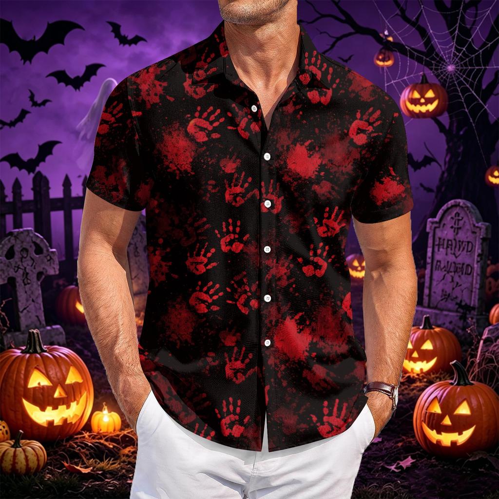 Men Fashion Casual Halloween Printed Short Sleeve Shirt Button Down Collared Top Flame Pumpkin Pattern Relaxed Fit Lightweight Material