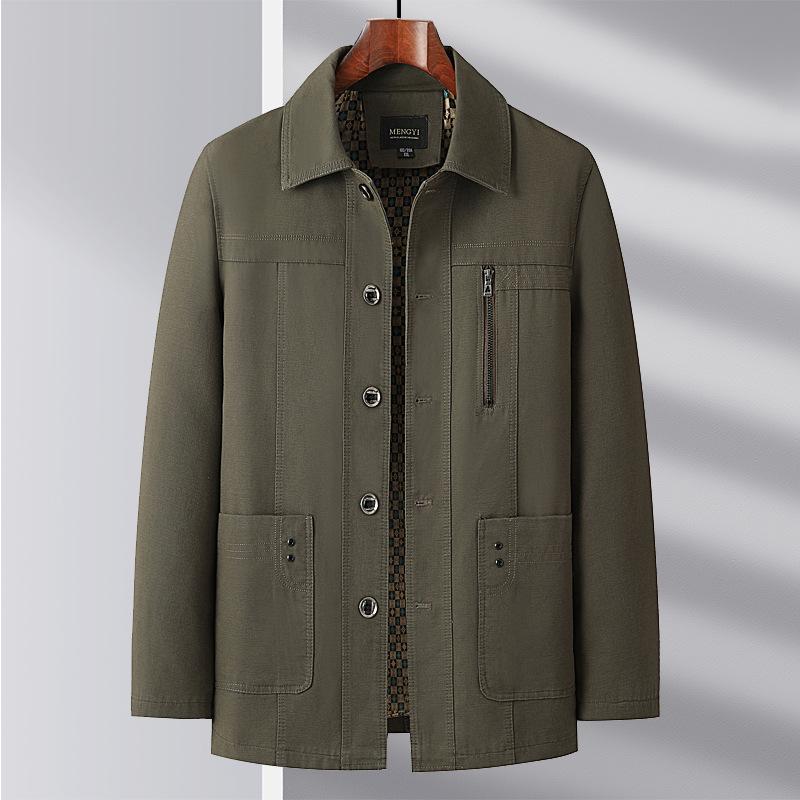 Men's Mid-length Cotton Jacket: Spring/Autumn, Lapel, Button-up, Dad Style, Plus Size for Middle-aged/Elderly