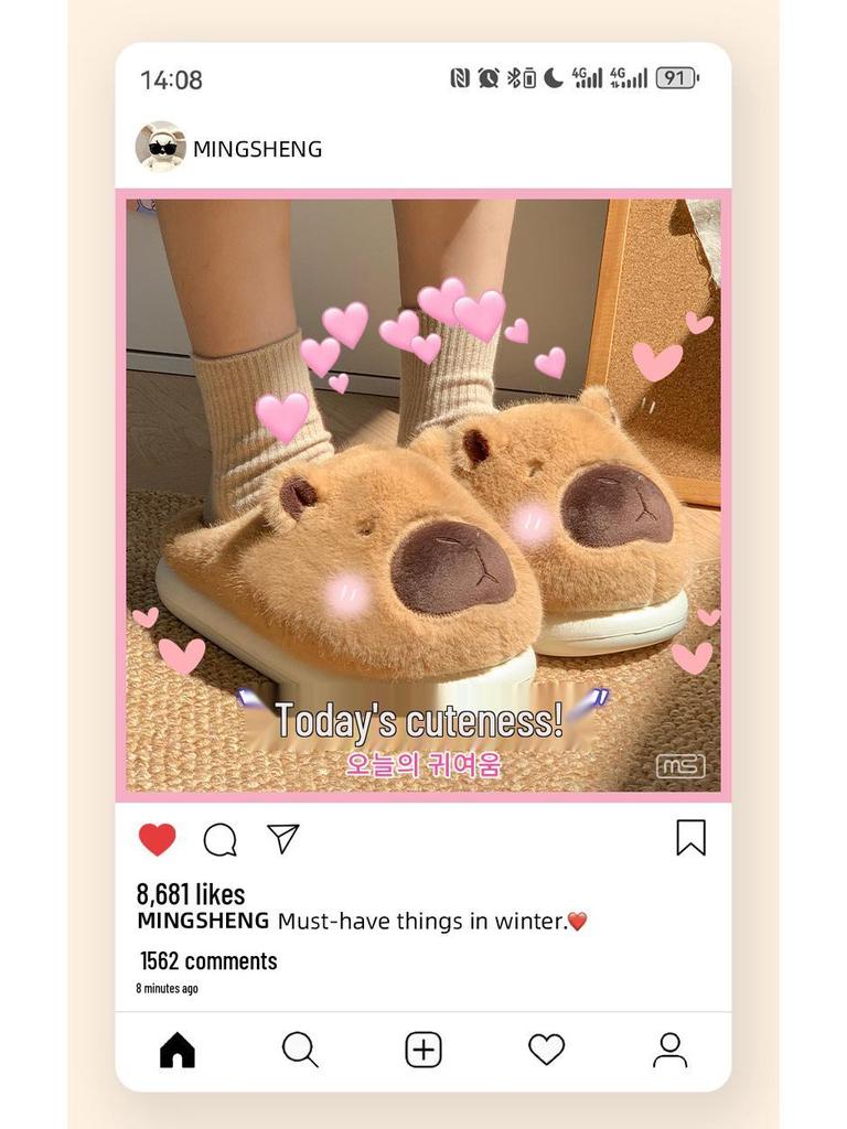 Women's Winter 2024 Capybara Plush Cotton Slippers - Warm, Thick, and Cute for Home Use