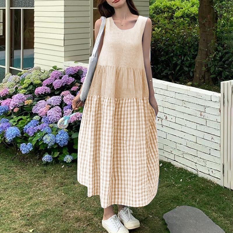 ZANZEA Women Summer Round Neck Sleeveless Grid Print Dress