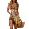 Women's Summer Dress V Neck Sleeveless Casual Textured Print Hem Pleated Dress