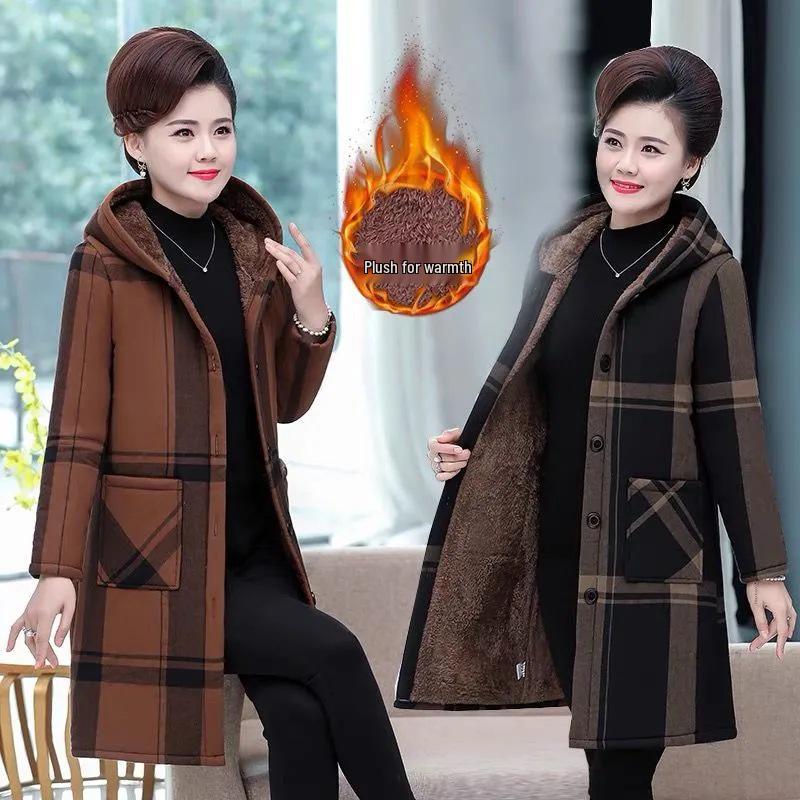 Winter Velvet Mid-Length Hooded Cotton Jacket for Elderly Women - Warm Thick Straight Cut Coat