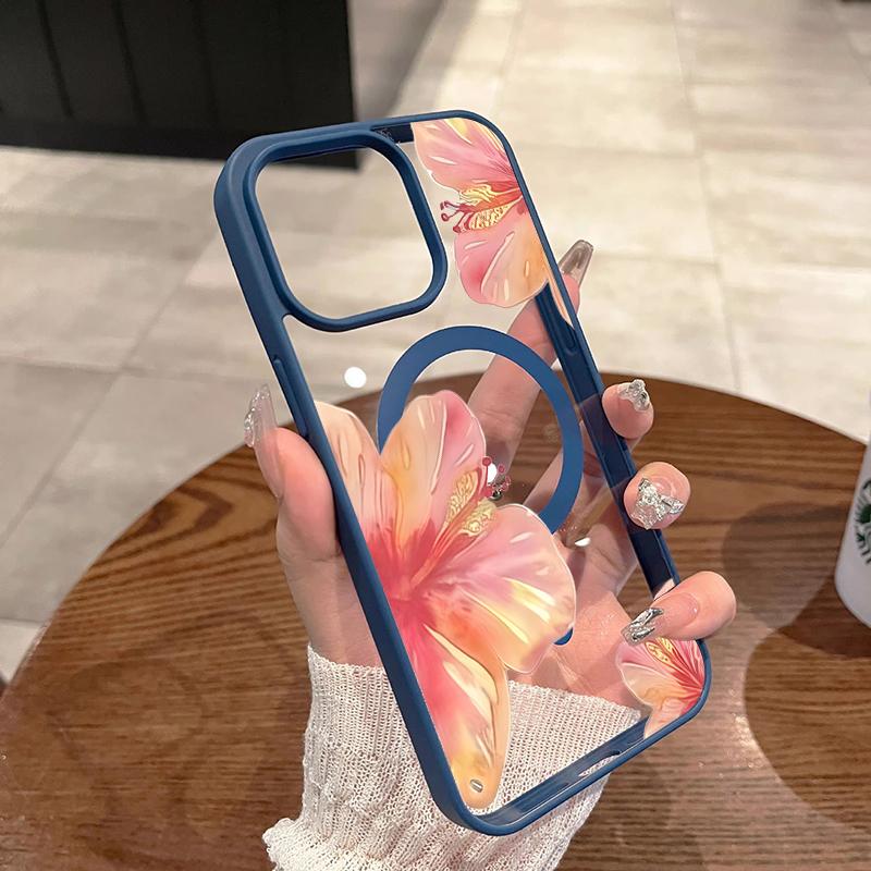 Watercolor Hibiscus Flower Design Magnetic Phone Case For iPhone 17 16 15 14 13 12 11 Pro Max Plus Air 16E Shockproof Back Cover