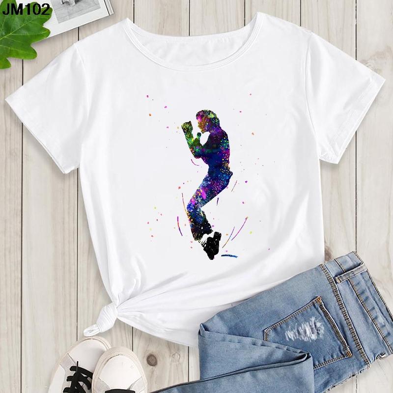 Womens Summer Shirt Pop King Michael Jackson Womens Printed Shirt Harajuku Casual White Top Womens Trendy Rock Shirt