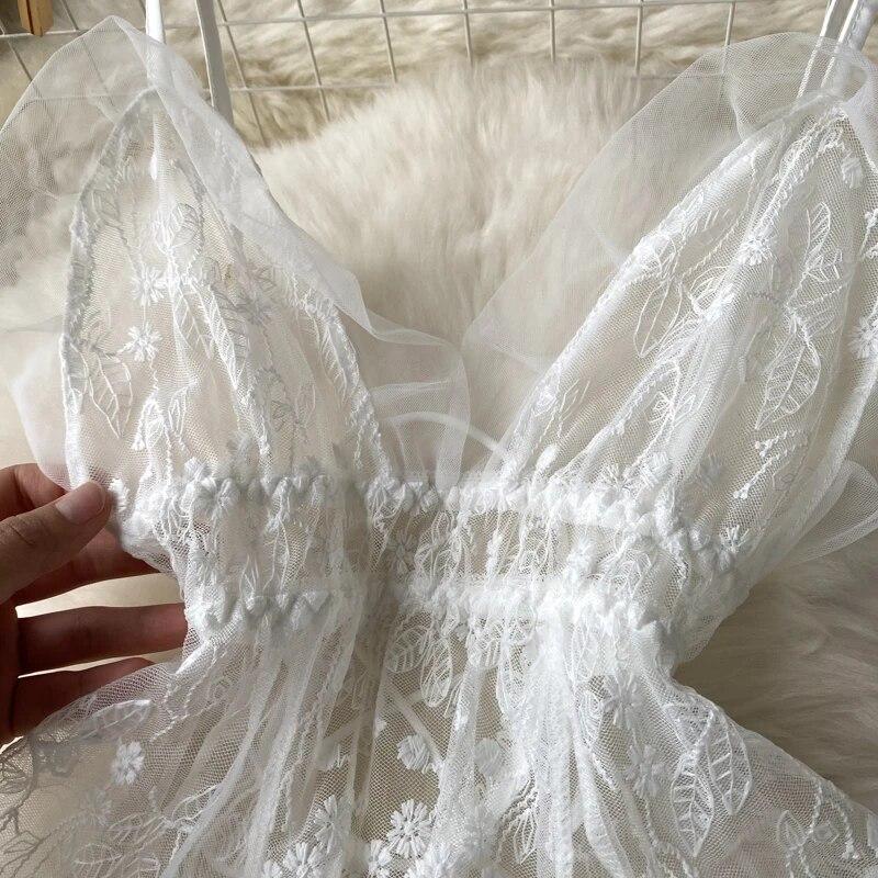 Ladies Sensual Camis Night Dress Fashion Mesh Embroidery Sexy Underwear Slim Pajamas 2023 Lingerie Sheer Nightwear