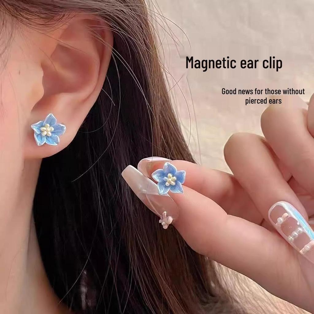 Fresh Blue Camellia Magnetic Earrings: Piercing-Free, No Ear Holes Required, with 0.01 Free Shipping for New Customers