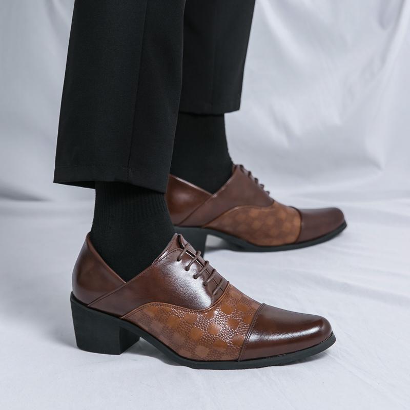 Pantofi cu toc înalt gros de înaltă calitate 6cm Pantofi sociali britanici Bărbați Brogue Platformă Pantofi din piele Pantofi formali de afaceri din piele pentru bărbați