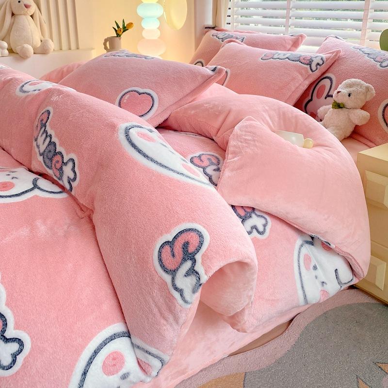 Snowflake Fleece Four-Piece Set, Thickened Milk Coral Fleece Quilt Cover, Double-Sided Fleece Quilt Cover, Bed Sheet, Bed Hat Three-Piece Set