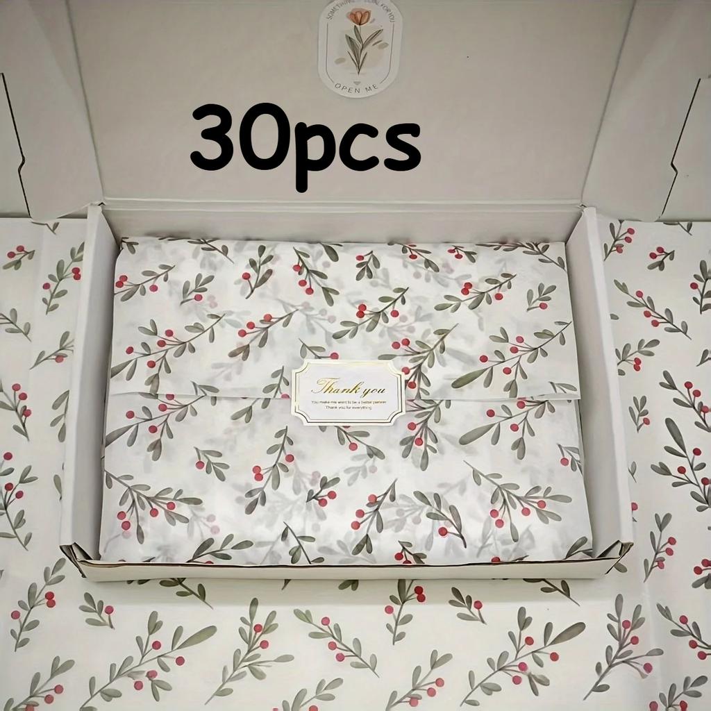 30pcs/10pcs Holly, Berry Thin Paper, Wax-Coated Gift Wrapping, Party Favor Packaging for Christmas, Thanksgiving, Birthdays