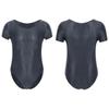 Mens Solid Color Short Sleeve Leotard Glossy Round Neck High Cut Bodysuit Swimwear Sportswear