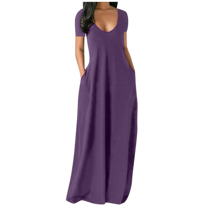 Rochie Simpla Solida, Rochie Maxi Casual Maneca Scurta Cu Buzunare, Imbracaminte Femei