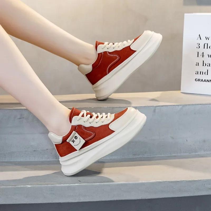 Fashion 6CM 2024 Suede Cow Genuine Leather Women Casual Shoes Skateboard Platform Wedge Women New Fashion Sneakers Chunky Shoes Spring
