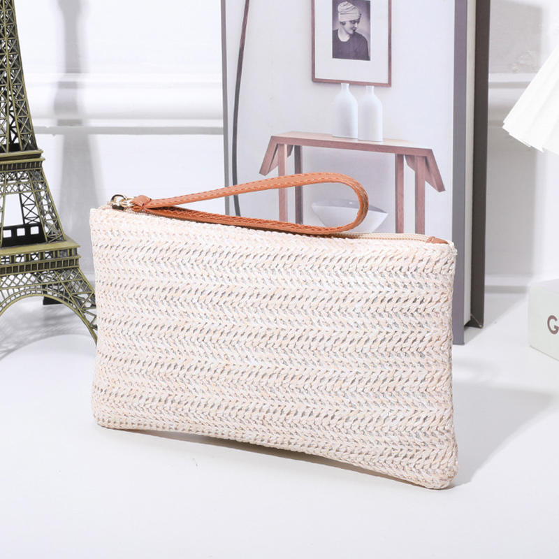 Fashion Ladies Weaving Bag Wristlet Clutch Women Daily Money Phone Clutch Solid Straw Woven Coin Purse Beach Wallet Card Leisure Travel