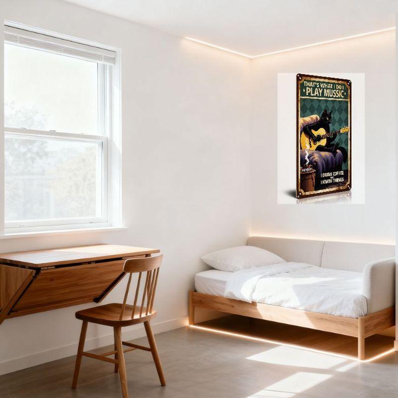 Vintage Metal Sign Black Cat Playing Guitar with Coffee & Cigarette, 'That's What I Do - Play Mussic' Rustic Retro Plaque for Ho