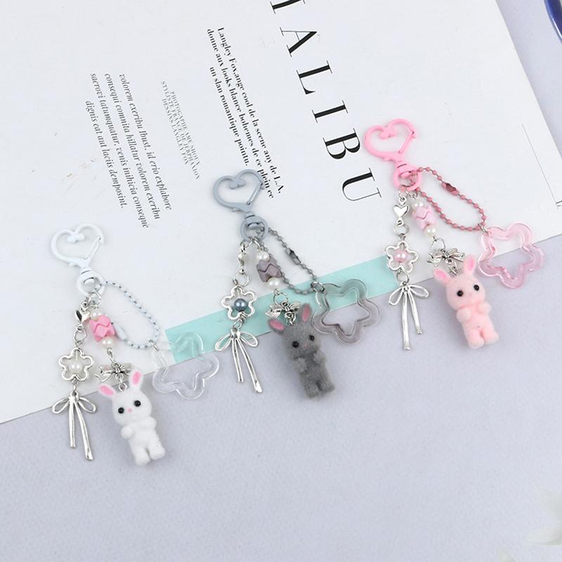 Kawaii Cute Rabbit Keychain  Cartoon Flocking Animal Pendant Keychain Exquisite Backpack Decoration Accessories Gifts