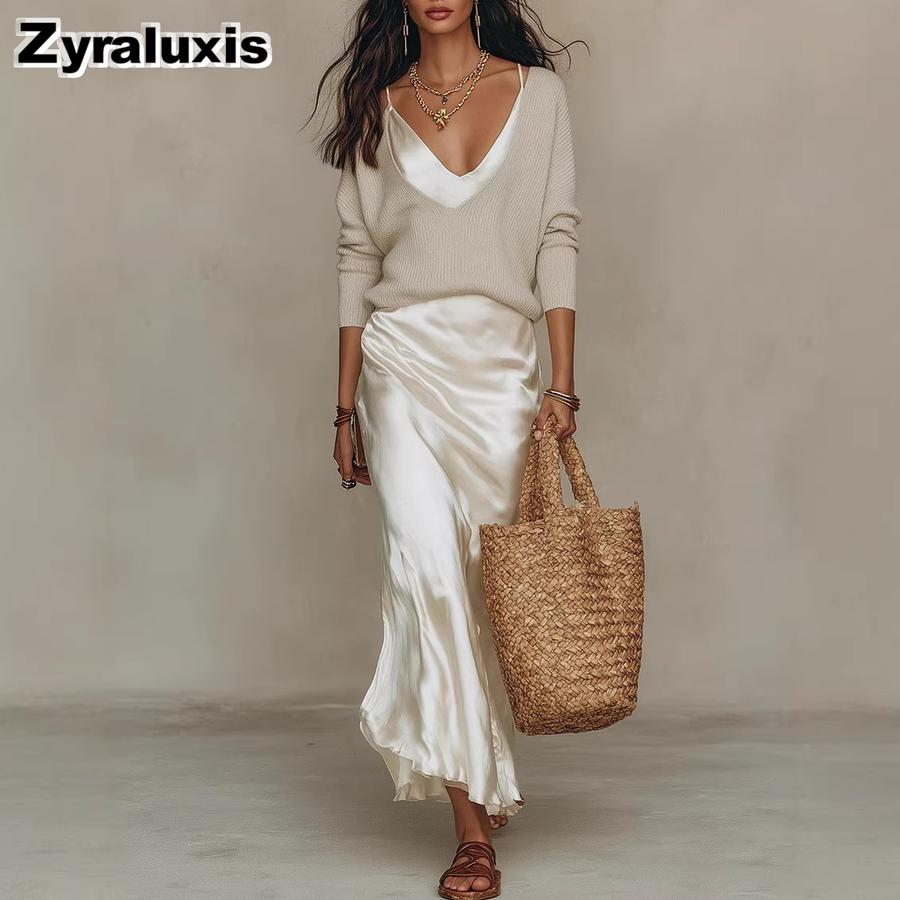 Fashion New Women's Top + Satin Dress Set for Office Wear