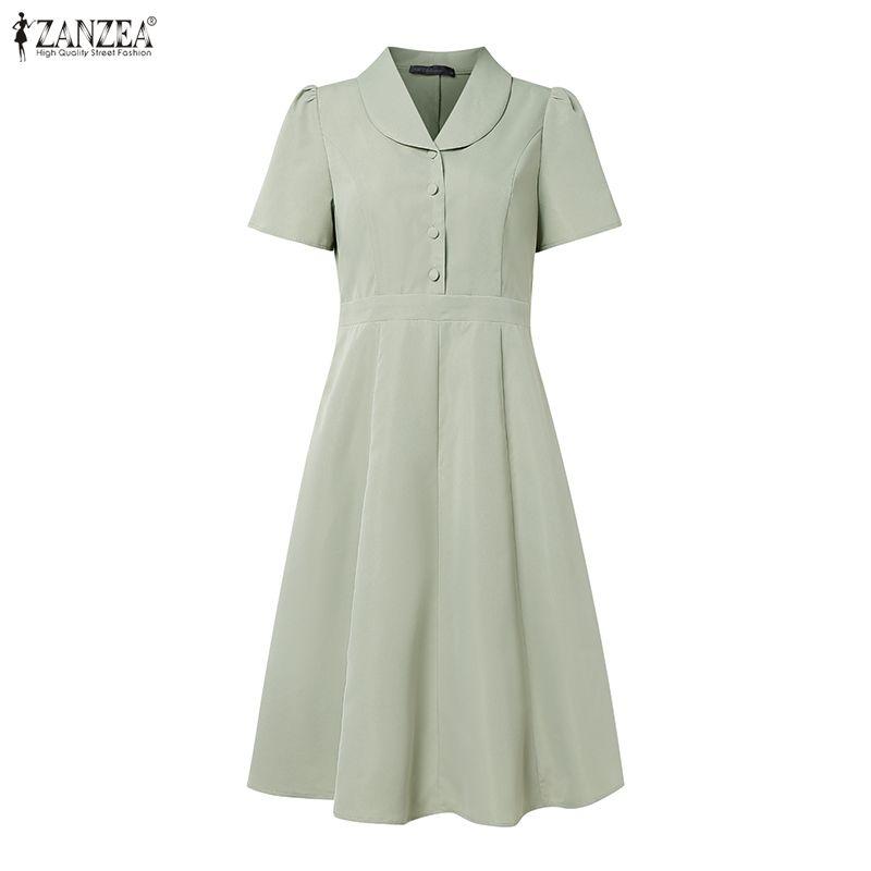 ZANZEA Women Elegant Lapel Collar Casual Short Sleeve Dress