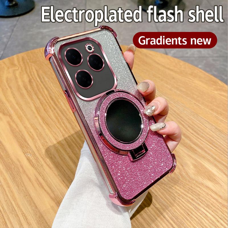 Plating Shockproof Stand Ring Mirror Phone Case For Infinix Hot 40 Pro 30 30i 40i 50i 10S NFC 10 Lite 9 Play Glitter Soft Cover