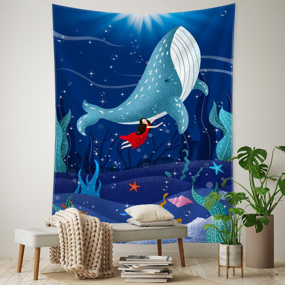 Cartoon Whale Tapestry Wall Hanging Kawaii Boho Psychedelic Witchcraft Art Aesthetic Room Home Decor